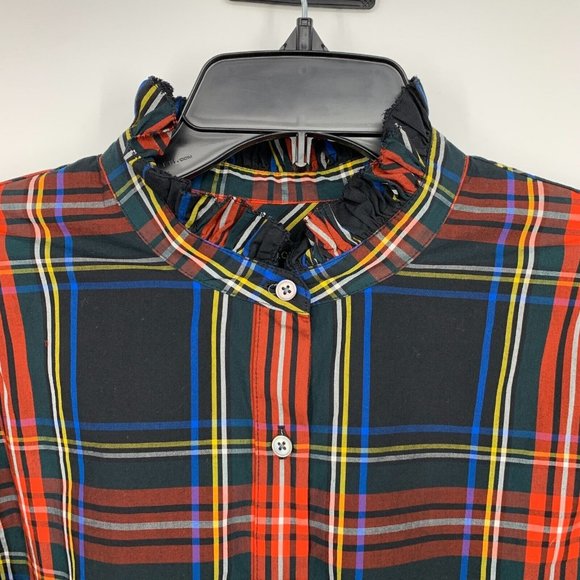 J.Crew Top Black Red Plaid Button Popover Ruffle Long Sleeve - Picture 5 of 13